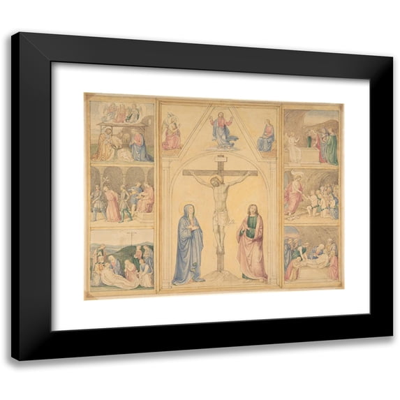 Edward Von Steinle 18x15 Black Modern Framed Museum Art Print Titled - Christ on the Cross with Six Scenes from the Life of Christ (ca. 1850)
