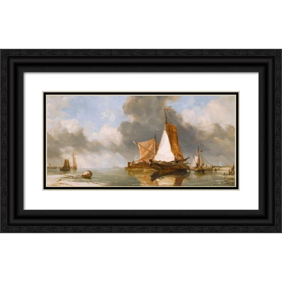 Edward William Cooke 18x11 Black Ornate Wood Framed Double Matted Museum Art Print Titled - A Dutch Calm, Zuider Zee Fishing Craft (1849)