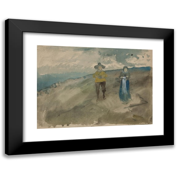 Edwin Austin Abbey 14x11 Black Modern Framed Museum Art Print Titled - Two Figures in a Landscape (Recto); Study of Man's Head (Self-Portrait)&nbsp;(Verso) (1987)
