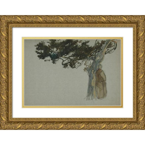Edwin Austin Abbey 18x14 Gold Ornate Wood Frame and Double Matted Museum Art Print Titled - Figures Standing Beneath a Tree