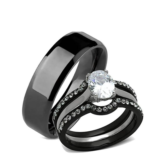Edwin Earls His Hers Women and Men 4 Piece Cubic Zirconia Wedding Engagement Ring Set Black Stainless Steel Band