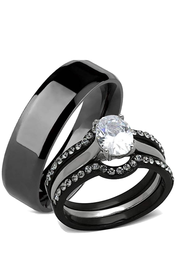 His Hers Women and Men 4 Piece Cubic Zirconia Wedding Engagement Ring Set Black Stainless Steel Band