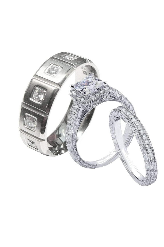 Ladies 2.50ct Vintage Style CZ Wedding Ring Set Sterling Silver Men's Titanium Wedding Band