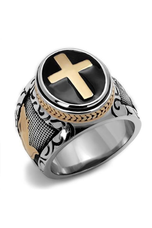 Men's Black Rose Gold Stainless Steel Christian Cross Faith Ring