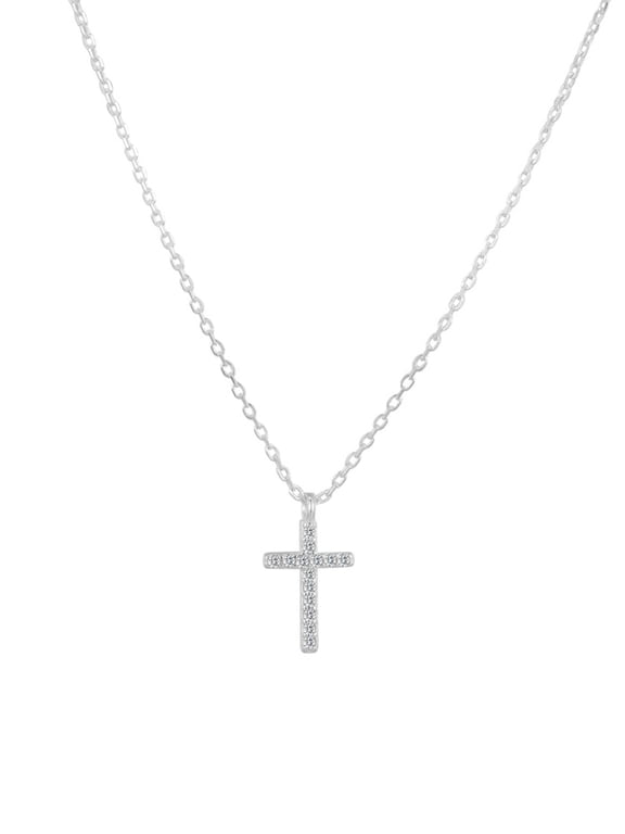Women's Petite CZ Cross Necklace Sterling Silver 18 inches