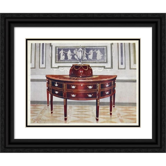 Edwin Foley 18x15 Black Ornate Wood Framed Double Matted Museum Art Print Titled - Semi-Circular Mahogany Sideboard and Knife-Box. Inlaid and Banded with Satinwood, Mahogany, and Ebony