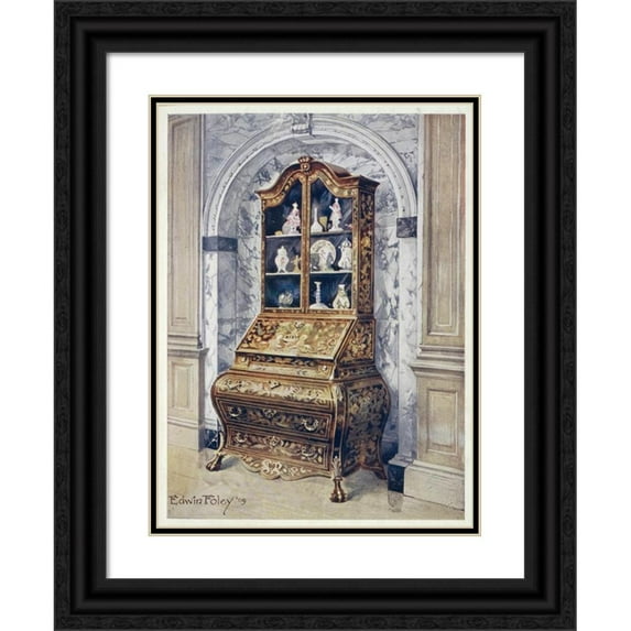 Edwin Foley 19x24 Black Ornate Framed Double Matted Museum Art Print Titled: Inlaid Walnut Bombe Office -Cabinet (1910 - 1911)