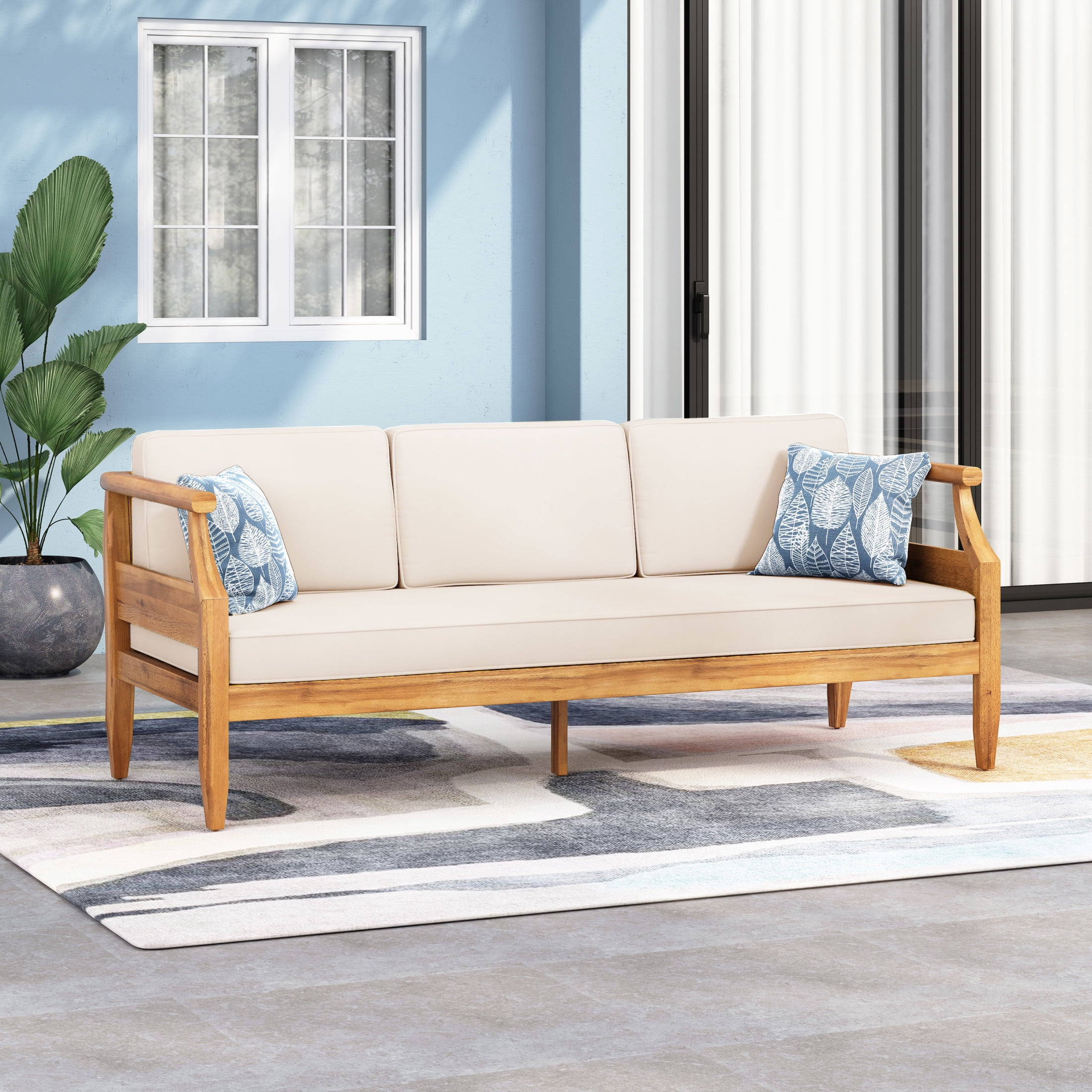 Edwin Mid-Century Modern Outdoor Patio Acacia Wood Sofa, Slat Design with Cushions, 73" Lounge Chair, Beige+Teak