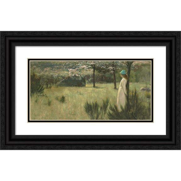 Edwin Sherwood Calvert 18x11 Black Ornate Wood Framed Double Matted Museum Art Print Titled - The Young Shepherdess and Her Goat in a Springtime Pasture