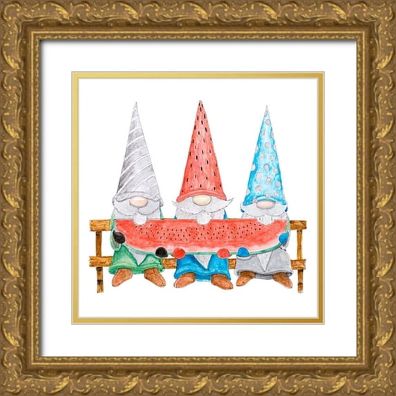 Edwins, Hugo 20x20 Gold Ornate Wood Framed with Double Matting Museum Art Print Titled - Watermelon Gnomes