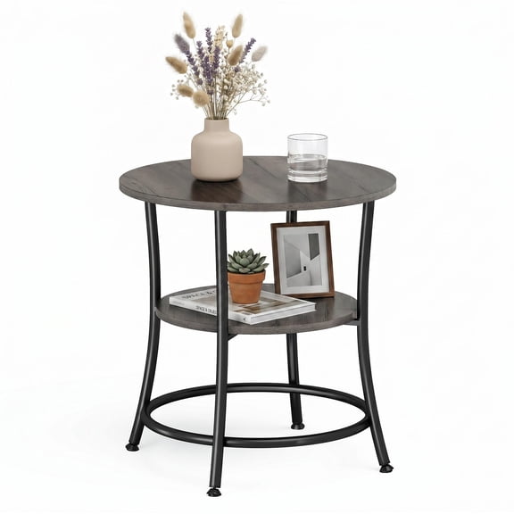 EDX 2-Tier Round Side Table Nightstand, 21.65" Diameter x 21.85" H, Steel Frame with Grey Wood Grain, for Small Living Room & Bedroom Spaces