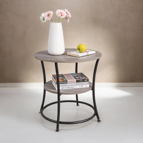 EDX 2-Tier Round Side Table Nightstand, 21.65" Diameter x 21.85" H, Steel Frame with Grey Wood Grain, for Small Living Room & Bedroom Spaces