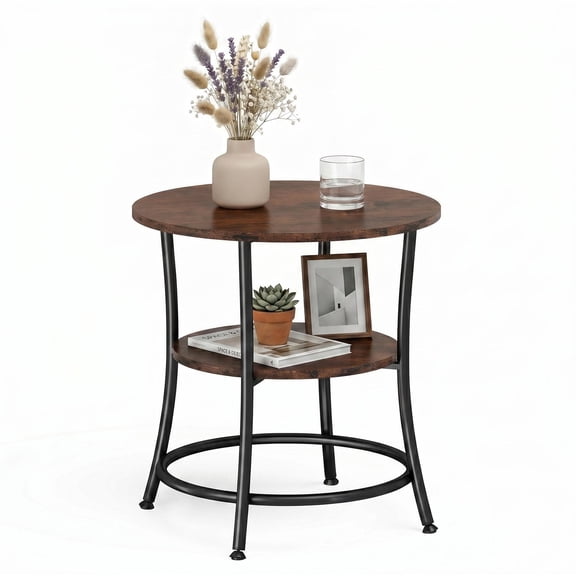 EDX 2-Tier Round Side Table Nightstand, 21.65" Diameter x 21.85" H, Steel Frame with Antiqued Wood Grain, for Small Living Room & Bedroom Spaces