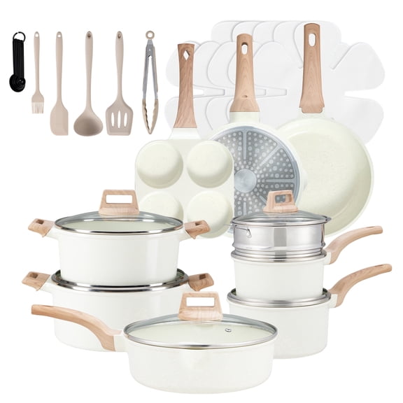 EDX 25-Piece Non-Stick Ceramic Granite Cookware Set with Stay-Cool Handles, Induction Compatible Pots and Pans Set for Healthy Cooking,Beige