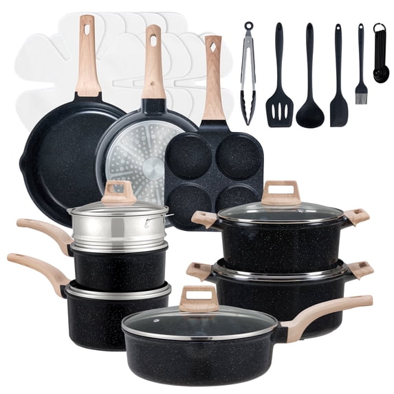 EDX 25-Piece Non-Stick Ceramic Granite Cookware Set with Stay-Cool Handles, Induction Compatible Pots and Pans Set for Healthy Cooking,Black