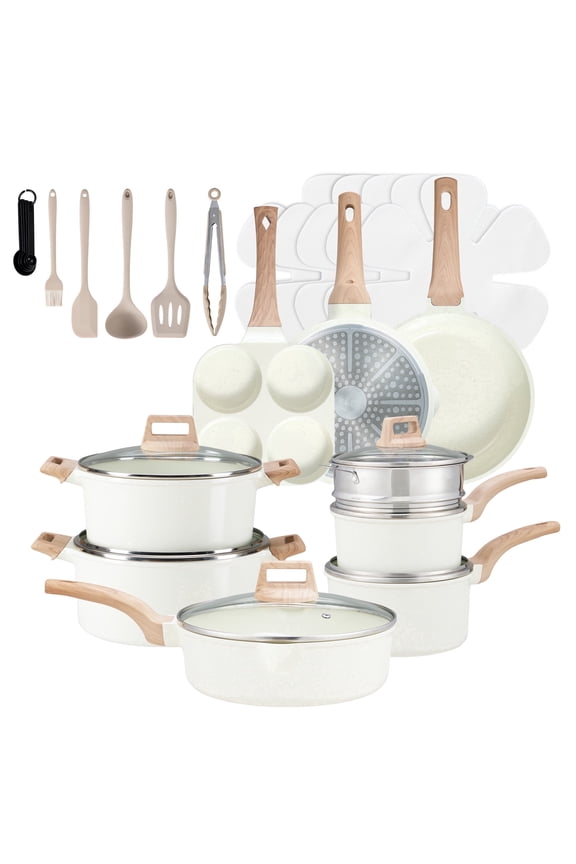 25-Piece Non-Stick Ceramic Granite Cookware Set with Stay-Cool Handles, Induction Compatible Pots and Pans Set for Healthy Cooking,Beige