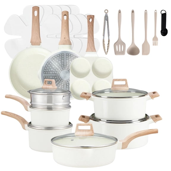 EDX 25-Piece Non-Stick Ceramic Granite Cookware Set with Stay-Cool Handles, Induction Compatible Pots and Pans Set for Healthy Cooking,Beige
