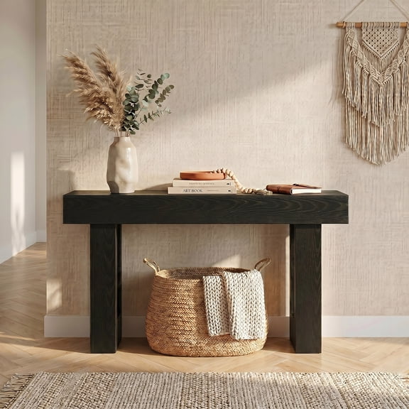 EDX 63 inch Solid Wood Farmhouse Console - Rectangular Sofa Back Design, Multi-Purpose Storage for Entryway Hallway Living Room, Black