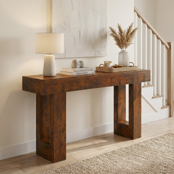 EDX 63 inch Solid Wood Farmhouse Console - Rectangular Sofa Back Design, Multi-Purpose Storage for Entryway Hallway Living Room, Brown