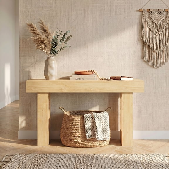 EDX 63 inch Solid Wood Farmhouse Console - Rectangular Sofa Back Design, Multi-Purpose Storage for Entryway Hallway Living Room, Natural