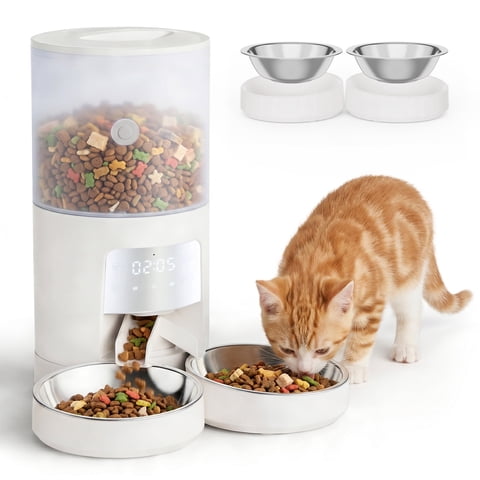 EDX 6L Automatic Cat Feeder for 2 Cats,&nbsp;Timed Cat Food Dispenser with 2 Stainless Steel Bowls, 10s Voice Recorder & Dual Power, Pet Feeder for Cats & Dogs, White
