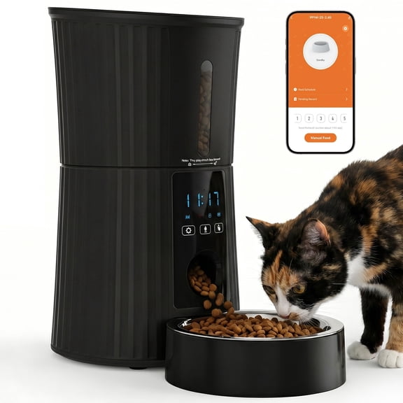 EDX WiFi 4L Automatic Pet Feeder&nbsp;with App, 7-Day Feeding Logs, 10s Voice Recorder & Dual Power, for Home/Weekend Trips,&nbsp;Timed Feeder for Cats & Dogs, Black