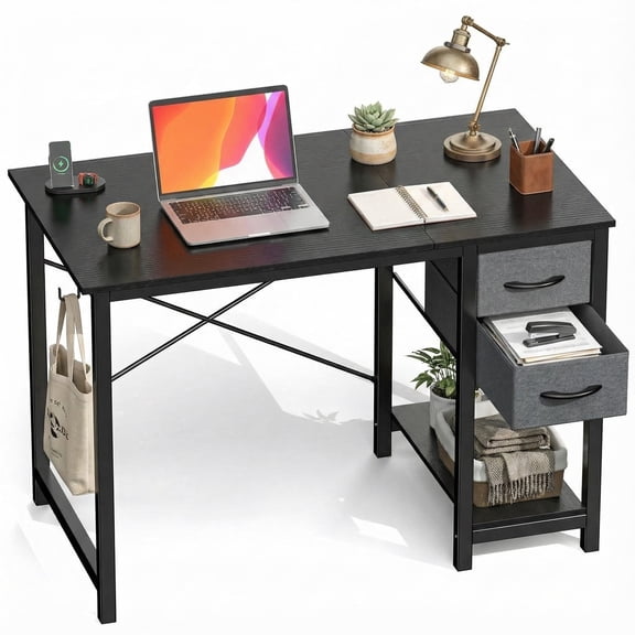 edx Computer Desk with Drawer 40 Inch PC Table Study Desk with 2-Tier Drawers Storage Shelf Headphone Hook, Modern Simple Style Laptop Desk, Black Grain