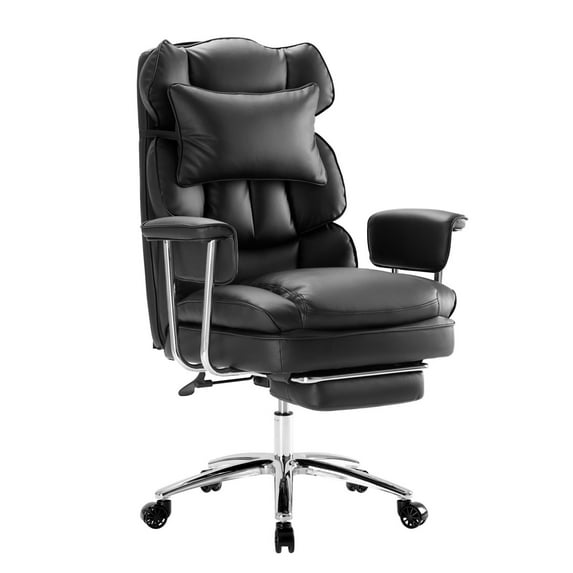edx Executive Home Office Desk Chair, Ergonomic Big Tall High Back with Footrest & Lumbar Support, Reclining Comfy PU Leather Computer Gaming Chair with Swivel Wheels, Height Adjustable, Black