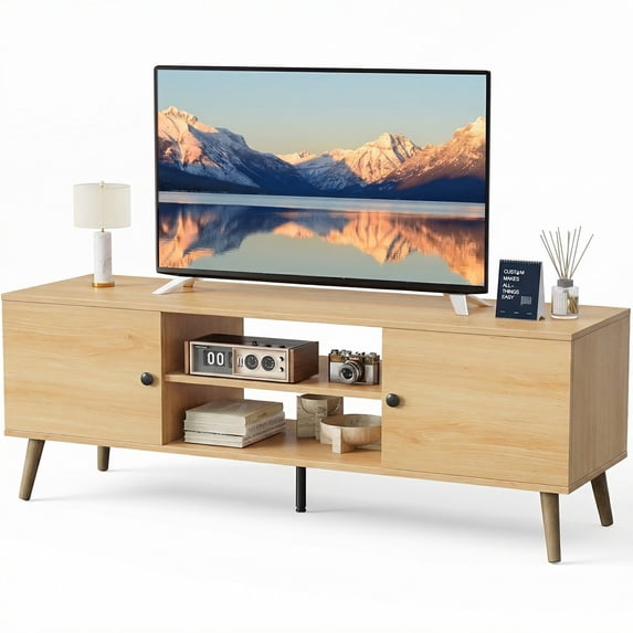 EDX Retro-Modern TV Stand, Mid-Century Media Console with Soft-Close Cabinets & Adjustable Shelves, Engineered Wood TV Cabinet for 50-65 Inch TVs, Natural