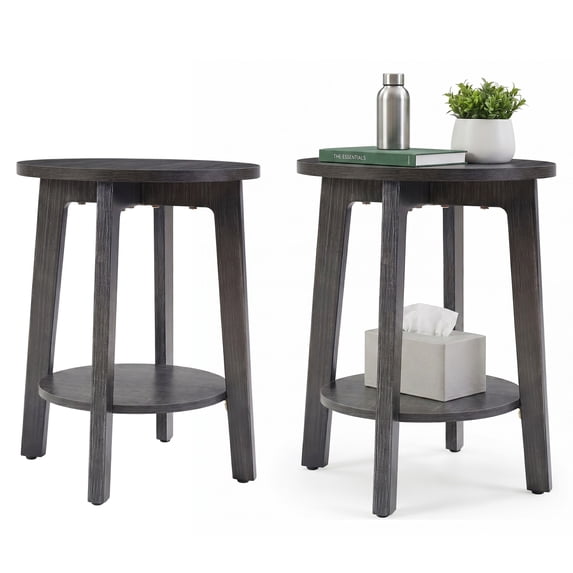 EDX Small Round End Table Set of 2, Modern Nightstand with Tapered Legs, 2-Tier Storage Side Table, Easy Assembly, Space-Saving Accent Table for Living Room Bedroom, Grey