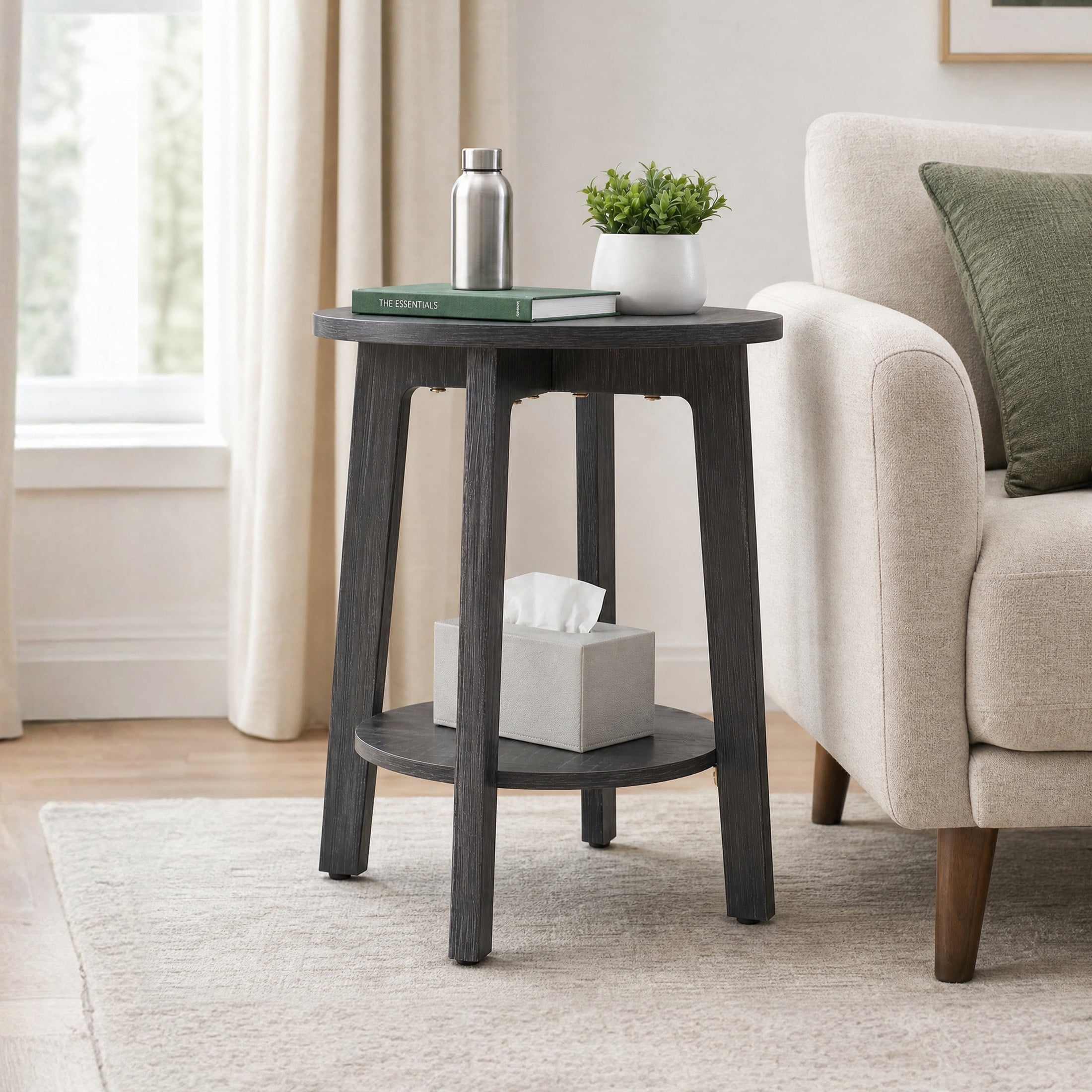 EDX Small Round End Table, Modern Nightstand with Tapered Legs, 2-Tier Storage Side Table, Easy Assembly, Space-Saving Accent Table for Living Room Bedroom, Grey