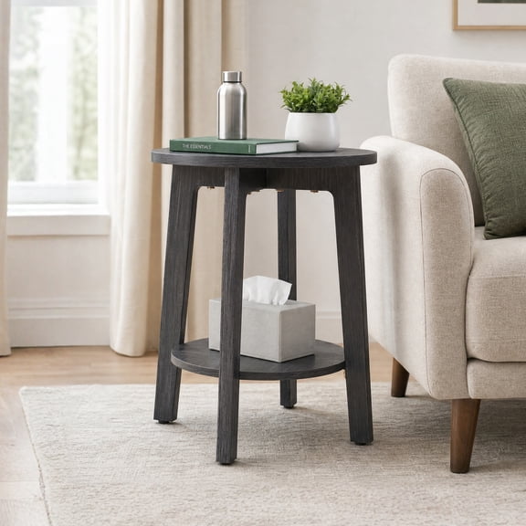EDX Small Round End Table, Modern Nightstand with Tapered Legs, 2-Tier Storage Side Table, Easy Assembly, Space-Saving Accent Table for Living Room Bedroom, Grey