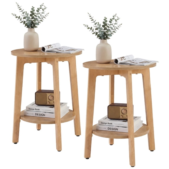 EDX Small Round End Table, 2-Pack, 15.75" Diameter × 20.28" Height, Natural Wood Finish Nightstand with Tapered Legs & Curved Transitions, for Small Spaces Living Room Bedroom