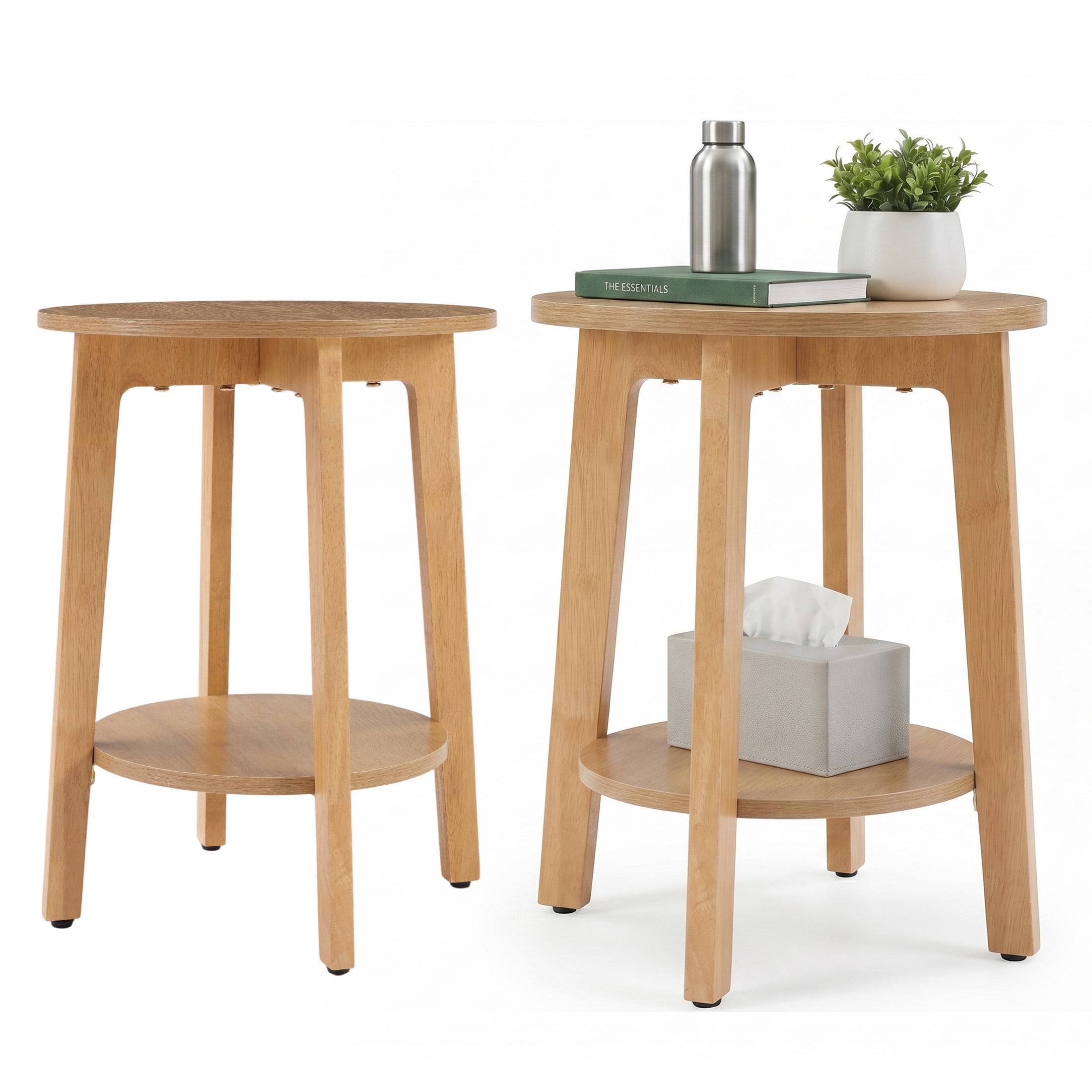 EDX Small Round End Table Set of 2, Modern Nightstand with Tapered Legs, 2-Tier Storage Side Table, Easy Assembly, Space-Saving Accent Table for Living Room Bedroom, Natural Wood