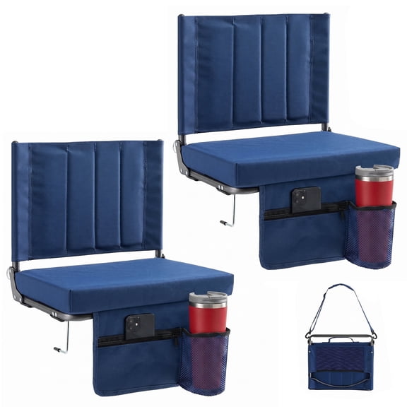 Edx Stadium seats, with cushioned steps, back support, portable, dimensions of 17 inches wide x 12 inches deep x 16 inches high, two sets, navy blue