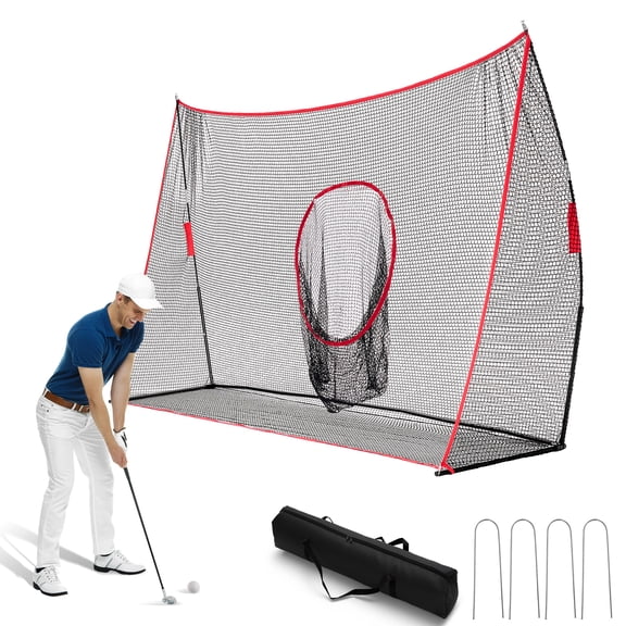 EDX Golf Practice Driving Range Net with Target Holes, 10x7 ft or 7x7 ft Personal Driving Net, Professional Golf Training Net for Indoor and Outdoor Use in Red