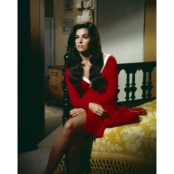 Edy Williams Russ Meyer classic star in red dress sitting on bed 8x10 inch photo