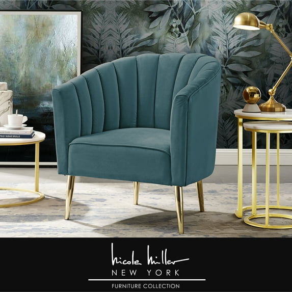 Edzard Teal/Gold Velvet Accent Chair - Upholstered Barrel Chair, Channel Tufted Back and Rolled Arm, Tapered Mirrorred Lacquer Finish Legs