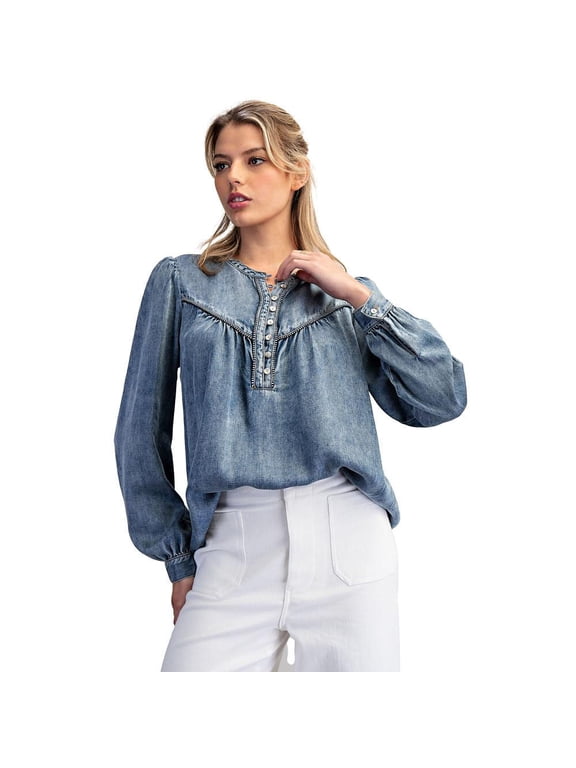 Womens Button Blouse L Denim