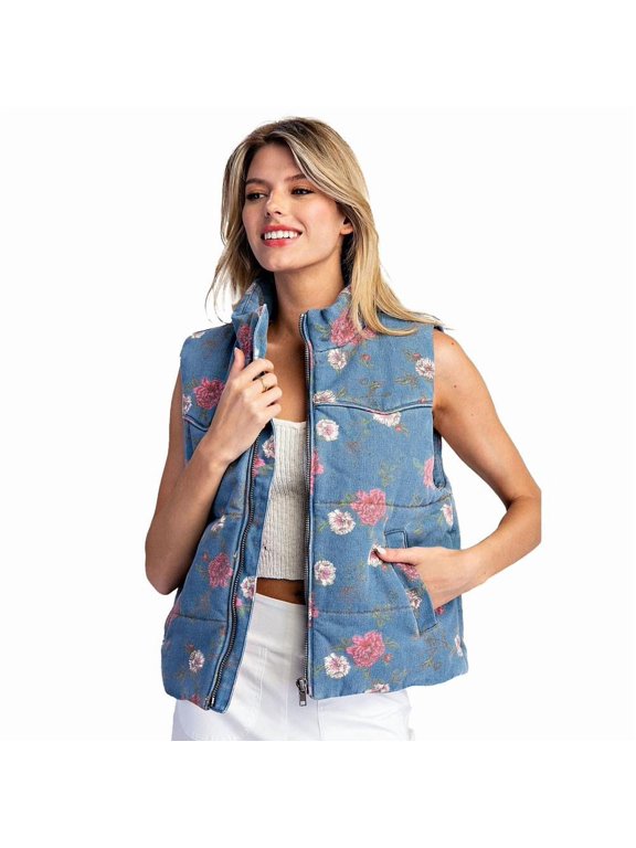 Womens Denim Floral Denim Zip Up Vest