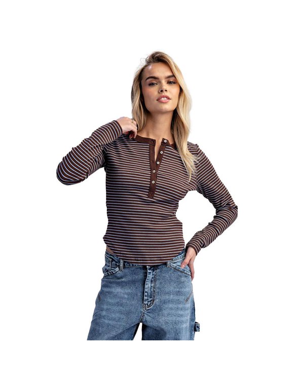 Womens Frosted Striped Henley Top L Mocha