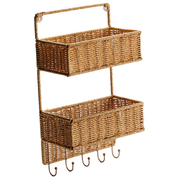 HEMOTON Light Brown Plastic Hanging Storage Basket for Kitchen with Two Tiers and Hooks 7.9"x11.8"