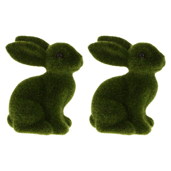 2Pcs Easter Moss Bunny Furry Rabbit Figurine Sculpture Green