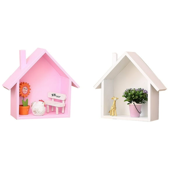 Eease 2Pcs House Shaped Wall Storage Shelf Rustic Display Rack White