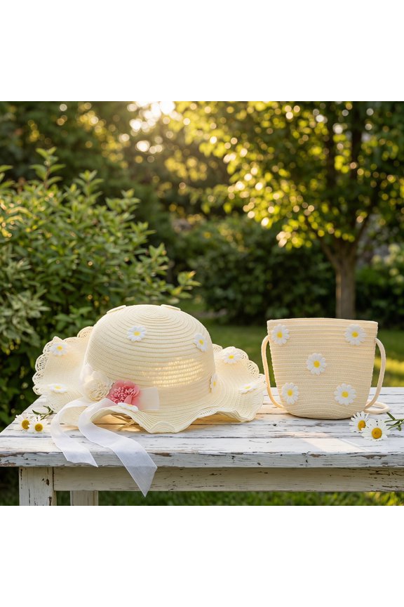 Baby Sun Hat & Purse Set Straw Daisy Beach Toddler Cute Handbag Wallet