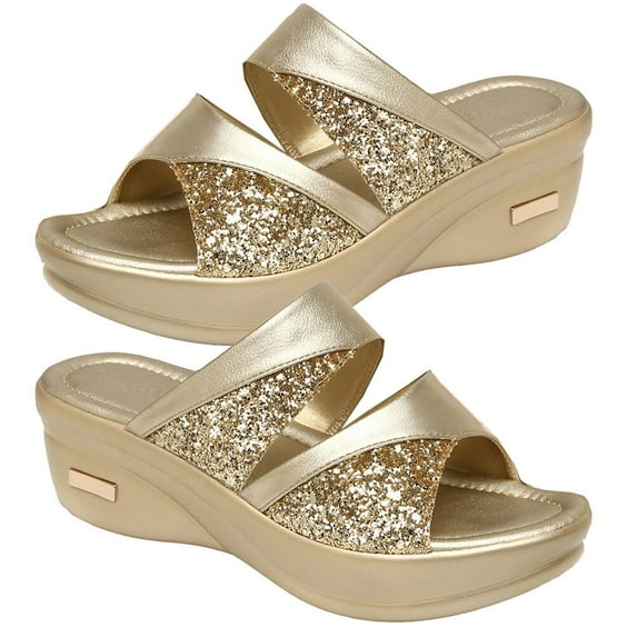 Women Fish Mouth Sandals Single Band Slide Wedge Sequins Wedges Summer Backless Platform