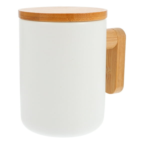 Eease Flat Bottom Coffee Mug with Wood Lid, 380 ML Ceramic Cup for Hot Beverages