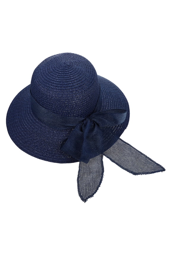 WRITWAA 1Pc Blue Bowknot Sun Block Hat Straw Woven Wide Brim Casual Hat for Beach