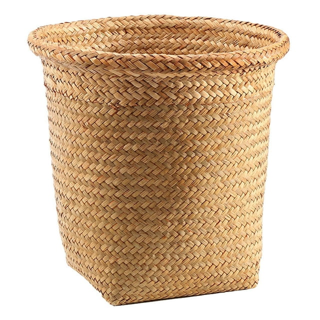 Eease Straw Basket Woven Basket Trash Can Wastebasket Round Garbage Container Bin 15x15x24cm for Rustic Bathrooms Kitchen Home Offices Laundry Cloth Storage Organizer,10.24"X10.24"X9.06"