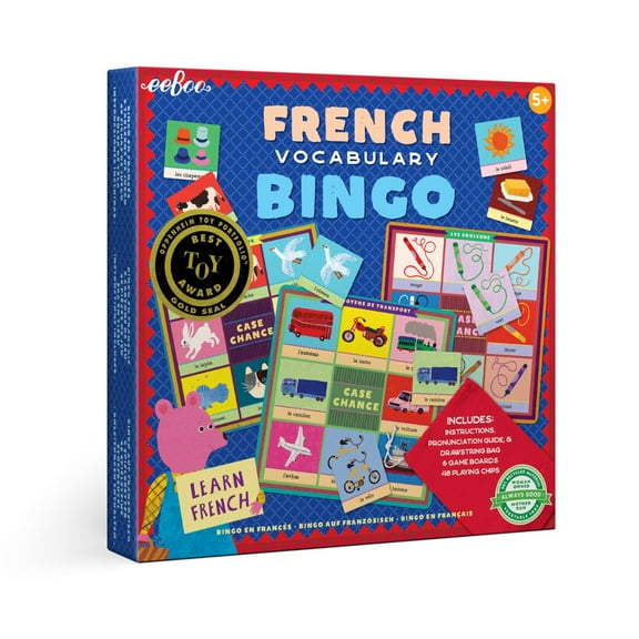eeBoo: French Bingo  Vocabulary Game, Includes- Pronunciation Guide & Drawsting Bag, 6 Game Boards, 48 Playing Chips, 2 to 6 Players, For Ages 5 and up